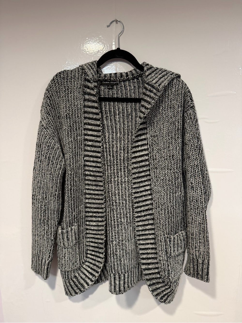 Caroline Morgan Black & White Marled Hooded Cardigan Sweater